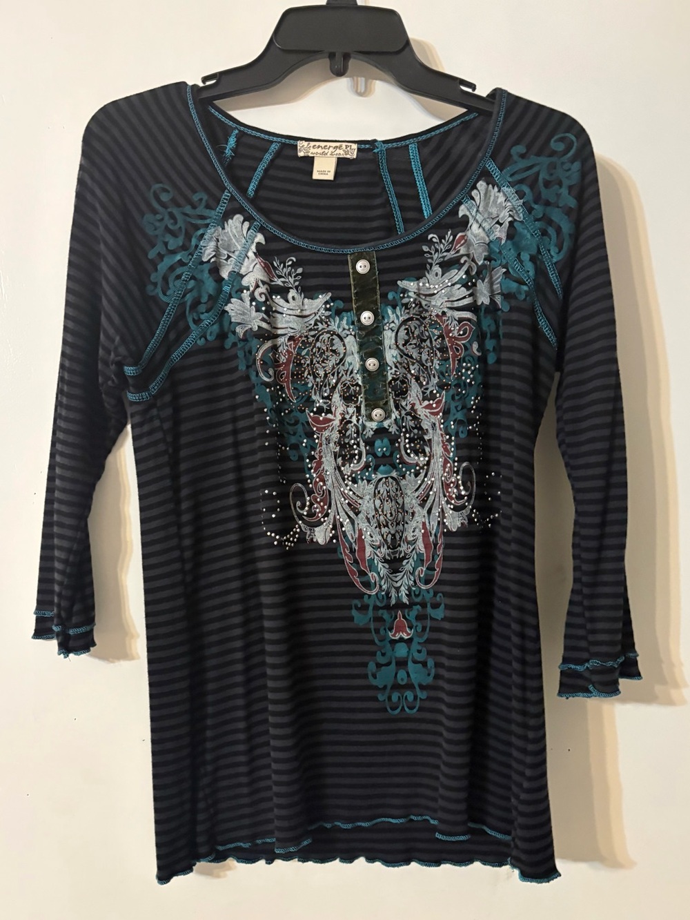 Energe World Wear Size Petite Large Black Top, Embellished 3/4 Sleeve, Pullover